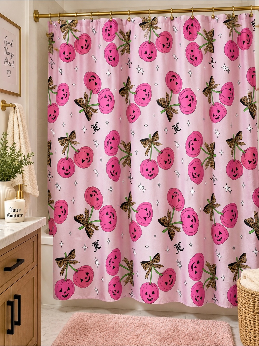 Juicy Couture Pinkoween Pumpkin Leopard Bow Shower Curtain Y2K Halloween NWT